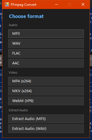FFmpeg Convert format picker dialog